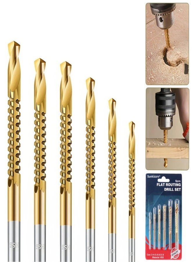 Sunkizzrs® 6 Pcs Plated Titanium HSS Drill Bits Set | 3~8mm Sawtooth Twist Drill Set | Flat Routing Drill Set | Serrated Drill Bit | Cutting Wood, Plastic, Metal, Woodworking Drilling Reaming Slotting - Image 1